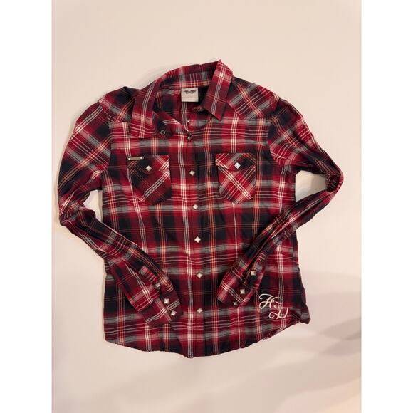 Women's Harley Davidson Red Plaid Flannel Snap Up Shirt Studded Size M Embroider - Picture 1 of 7